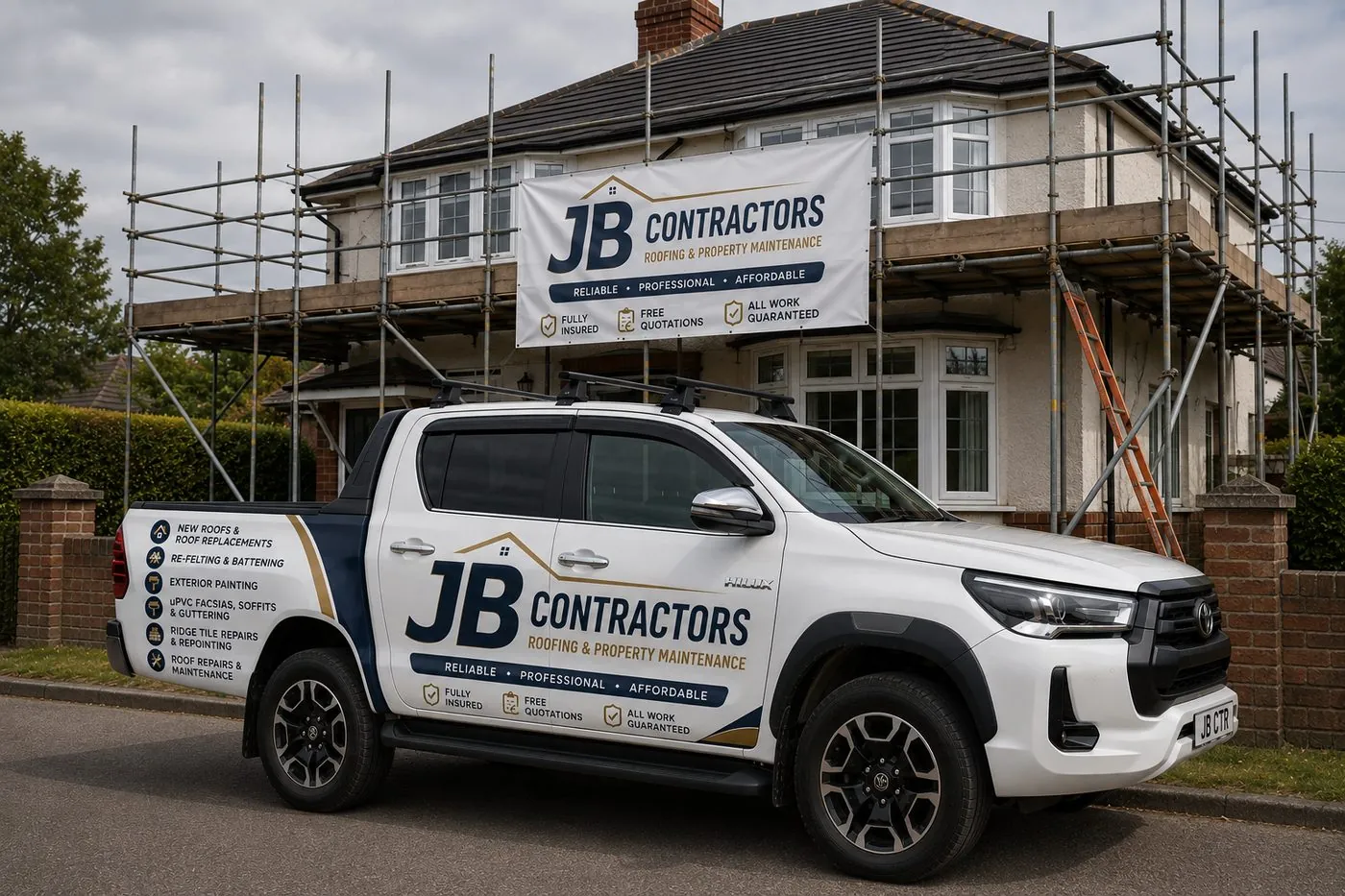 Wadebridge Roofing pickup truck on site at a scaffolded roofing job in Wadebridge